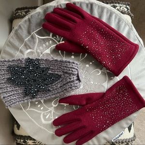 Embellished Burgundy Gloves, Smart Fingertips & Crocheted Embellished Headband